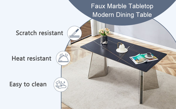 English Elm Table Set With Black Marble-Patterned Top & Stainless Steel Legs, 6 White Pu Chairs For Elegance W1151S01958-GIGA