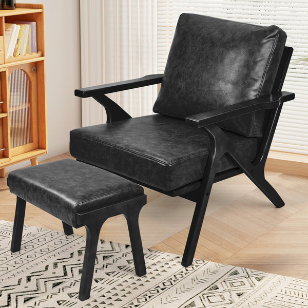 English Elm Mid-Century PU Leather Accent Chair with Ottoman — Ergonomic Thick Upholstery, Flared Legs, Durable Comfort Black T3950P397487