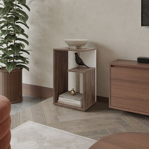 English Elm Vega Side Table In Dark Walnut & White Melamine - Stylish Open Storage For Modern Spaces B128P287509-GIGA