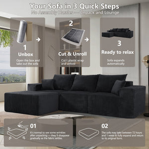 English Elm 4-Piece Modular L-Shaped Sectional Sofa with Corduroy Upholstery, Convertible Chaise, Pillows Included Black W3163S00038