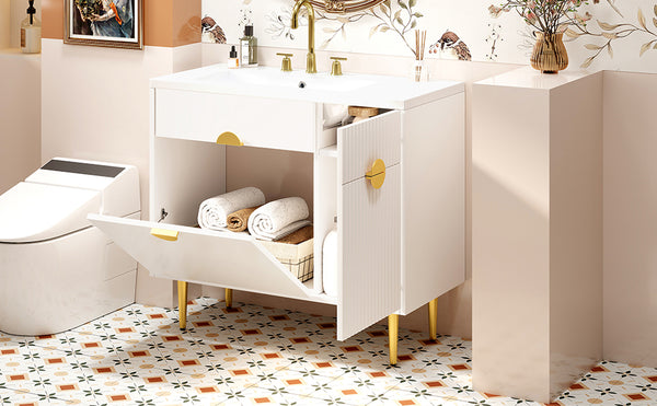 English Elm 36" Modern Bathroom Vanity with Resin Basin Sink, Soft-Closing Doors, Drop-Down Cabinet & Storage Elegance N710P265934K