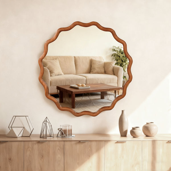 English Elm Yellowish Wavy 30" Round Solid Wood Frame Mirror with Tempered Glass — Rustic Elegant Vanity Accent W2203P389076
