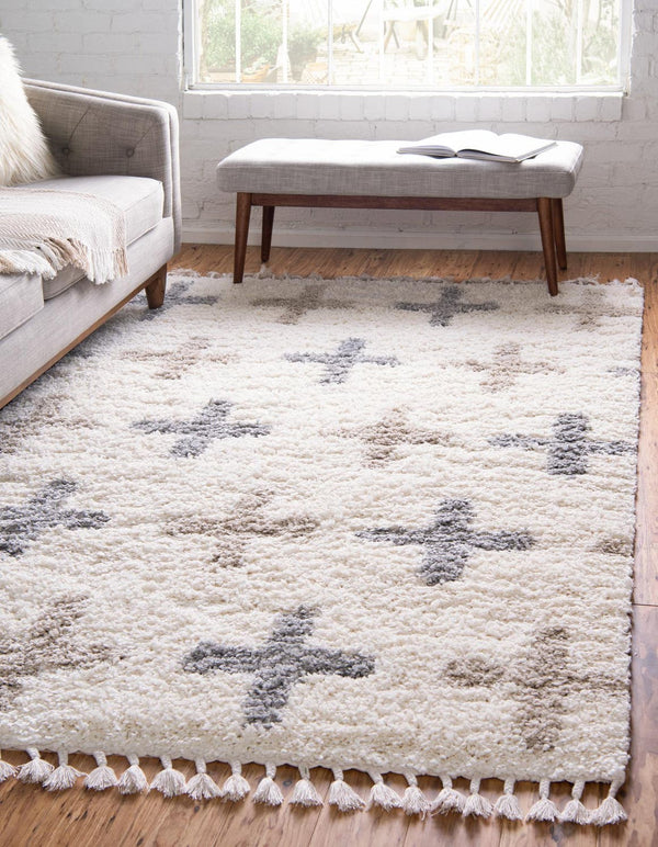 Unique Loom Hygge Shag Positive Machine Made Geometric Rug Ivory, Beige/Gray 9' 0" x 12' 2"