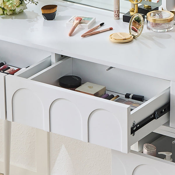 English Elm Modern Makeup Vanity Desk with Slide-Out Cabinet, LED Mirror, 4 Soft-Close Drawers & Cushioned Stool White N844P257529A