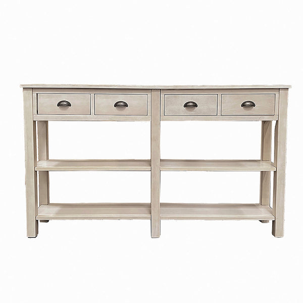 English Elm Galileo Cream Finish Console Table with 4 Drawers, 4 Open Shelves, Durable Wood/MDF Top, Modern Elegance B2726P256369
