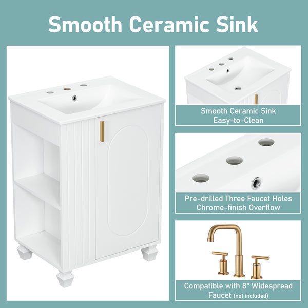 English Elm Christopher Knight Home® - 24" Retro Bathroom Vanity with Ceramic Sink, Solid Wood Frame, Soft-Close Door, Ample Storage White N759P293645K