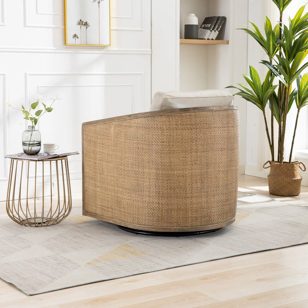 English Elm Swivel Barrel Chair Faux Leather Rattan Accent Seat with 360 Base for Living Room W395102741