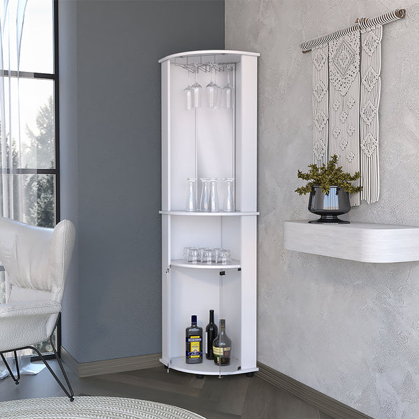 English Elm Oregon Mirrored Corner Bar Cabinet with Glass Rack Three Tier Open Shelving Display B128P460149