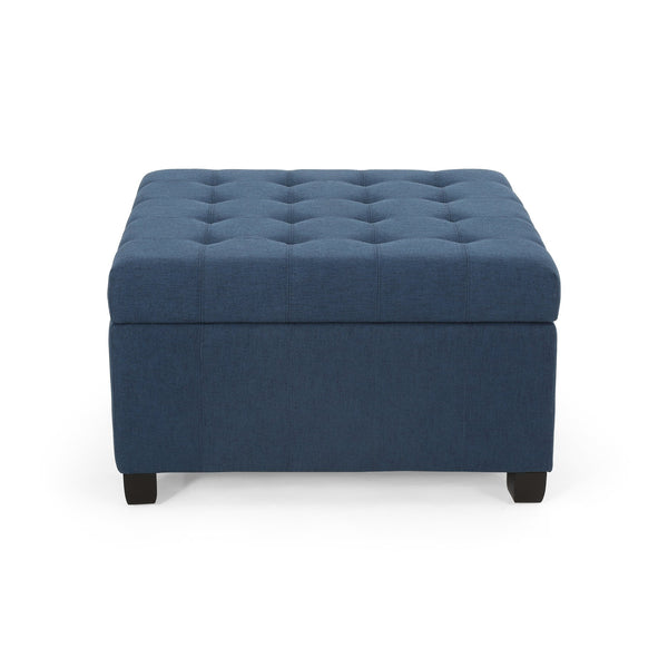 English Elm Upholstered Waffle Tufted Storage Ottoman with Birch Legs for Modern Living Rooms Navy Blue N757P377356N