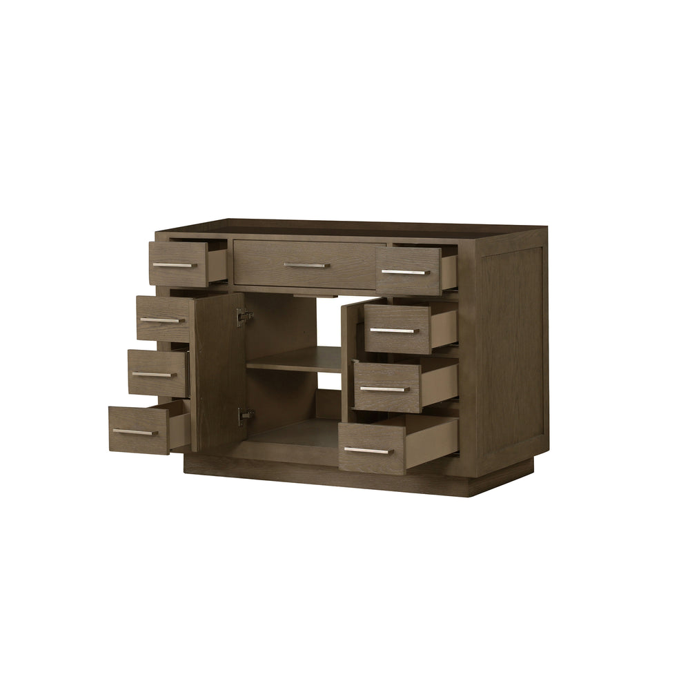 English Elm Grey Oak Single Bath Vanity 48 in. W x 22 in. D — Grey midcentury wood vanity, soft-close drawers, fully assembled storage (98) B2731P257703