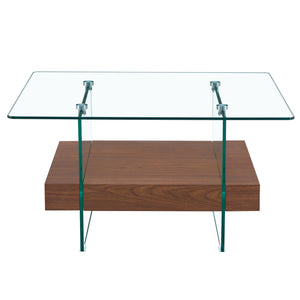 English Elm 31.4 Modern Two-Tier Square Coffee Table with Tempered Glass Top & Walnut Shelf — Stylish Storage W1512P407505