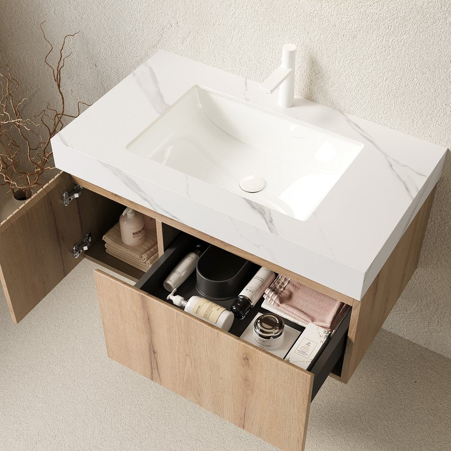 English Elm Muri Floating Bathroom Vanity Plywood Cabinet Sintered Stone Top White Oak Grain W2615S00623