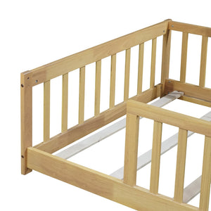 English Elm Twin Size Floor Bed With Safety Guardrails, Eco-Friendly Rubberwood Design For Toddler Independence W504P286397-GIGA
