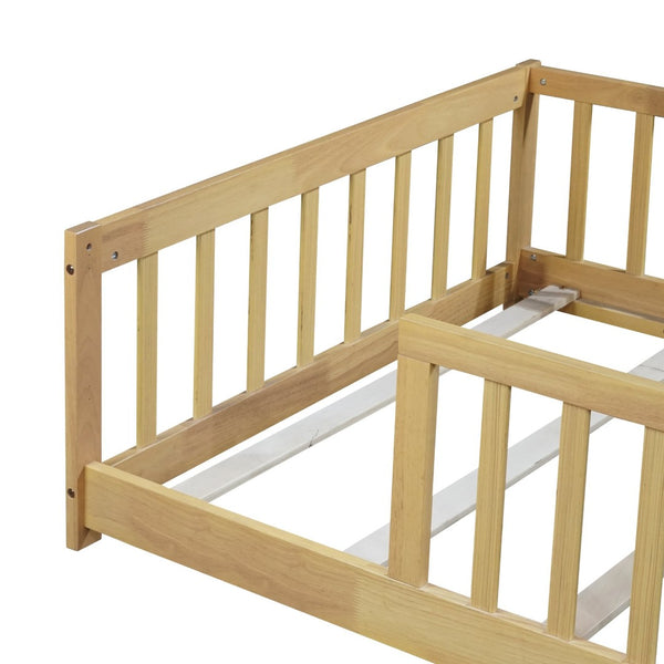 English Elm Twin Size Floor Bed With Safety Guardrails, Eco-Friendly Rubberwood Design For Toddler Independence W504P286397-GIGA
