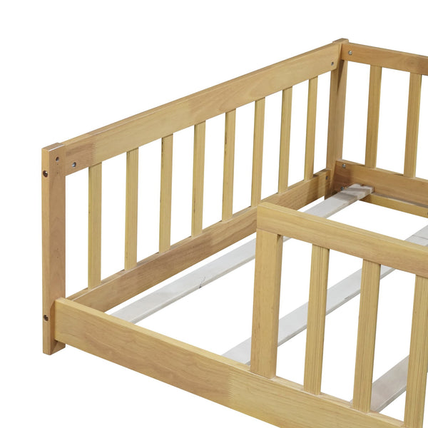 English Elm Twin Rubberwood Montessori Floor Bed with Safety Guardrails for Toddler Bedrooms W504P370520