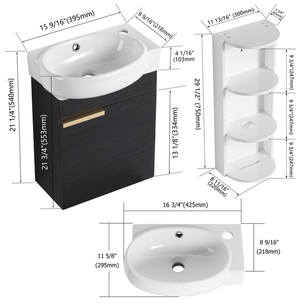 English Elm Soft Close Wall Mounted Bathroom Vanity with Ceramic Vessel Sink and Storage Rack W999S00489