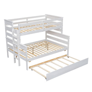 English Elm Wood Twin over Full Bunk Bed with Twin Trundle – Space-Saving Pine/MDF Triple Bed, Sturdy & Safe Design White GX000448AAK-1