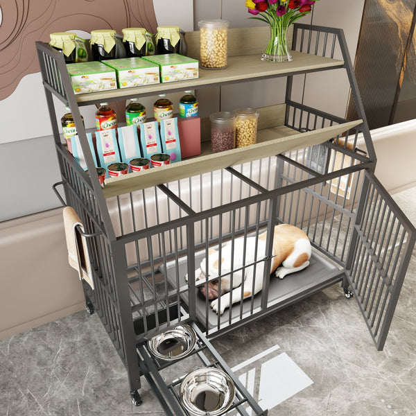 English Elm Large Pet Cage with Iron Frame Mdf Panels Storage Rack and Steel Feeding Basins Beige,Black W3064P245386