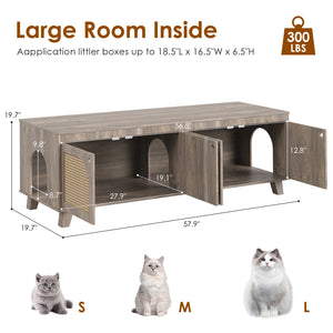English Elm Double Hidden Cat Litter Box Enclosure with Rattan Doors, Two Spacious Compartments, Odor Control Stand Grey T3623P380885