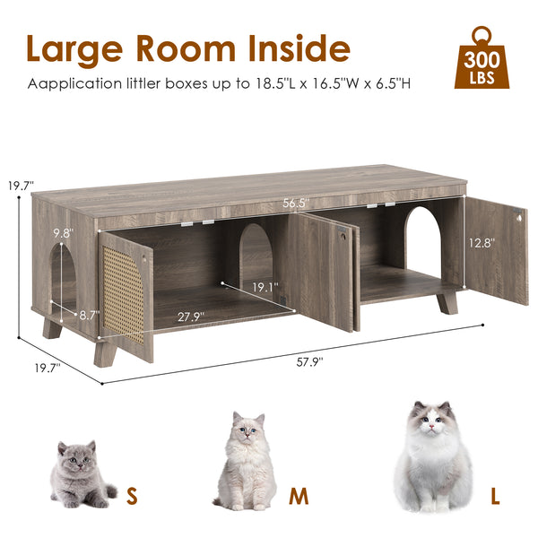 English Elm Double Hidden Cat Litter Box Enclosure with Rattan Doors, Two Spacious Compartments, Odor Control Stand Grey T3623P380885