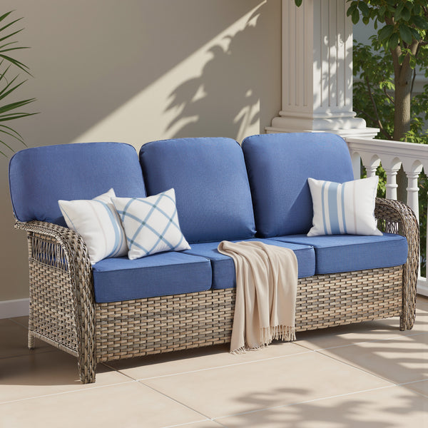 English Elm 75.2" Outdoor Pe Rattan Patio Sofa with T-back Cushions and Thick Foam Support T3773P418417