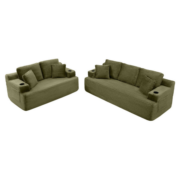 English Elm Boneless Floor Sofa Corduroy Upholstered 5 Seat Low Profile with Cup Holders for Living Room Green W1117S00434