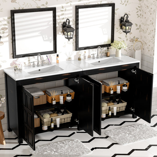 English Elm Modern 48 Inch Freestanding Bathroom Vanity Dual Ceramic Sinks Soft Close Gold Handles N729P000004P