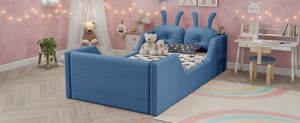 English Elm Twin Kids Platform Bed Teddy Fabric Upholstered with Bunny Cushions and Safety Rails Blue W2593P395808