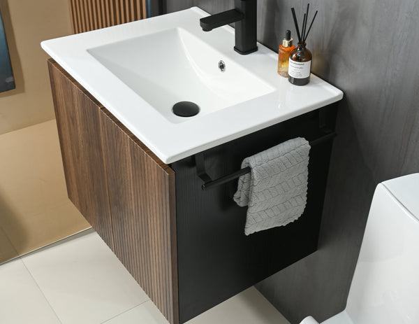 English Elm Goodyo 24" Wall-Mount Floating Bathroom Vanity Cabinet with Soft-Close Doors Stainless Towel Rack Black + Dark Walnut D163120298
