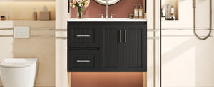English Elm 36'' Wall Mounted Bathroom Vanity with Ceramic Sink, Solid Wood & MDF Floating Cabinet with Drawers Black N710P293299B