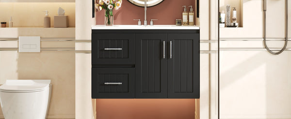 English Elm 36'' Wall Mounted Bathroom Vanity with Ceramic Sink, Solid Wood & MDF Floating Cabinet with Drawers Black N710P293299B