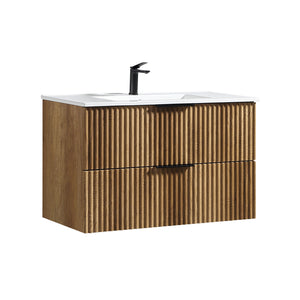 English Elm 36inch Floating Wall Mounted Bathroom Vanity with 3d Carved Panel Front and Drawer Storage W3520P455281