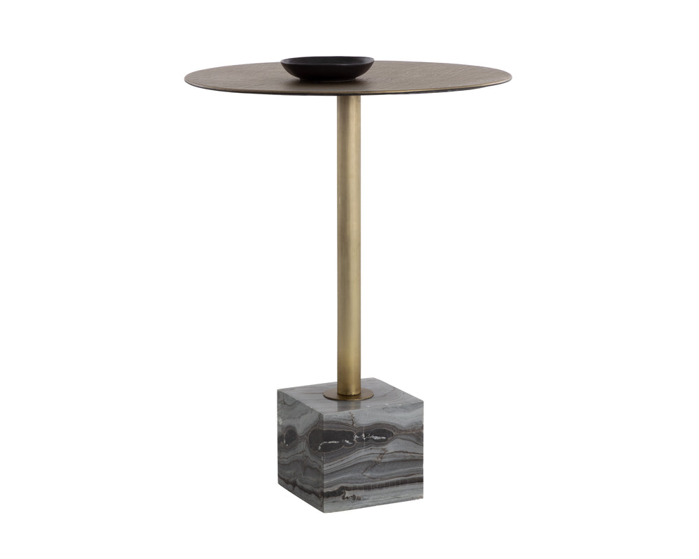 Sunpan Kata Bar Table - Opulent Antique Brass Frame with Unique Mesh Design and Elegant Marble Base Grey Marble