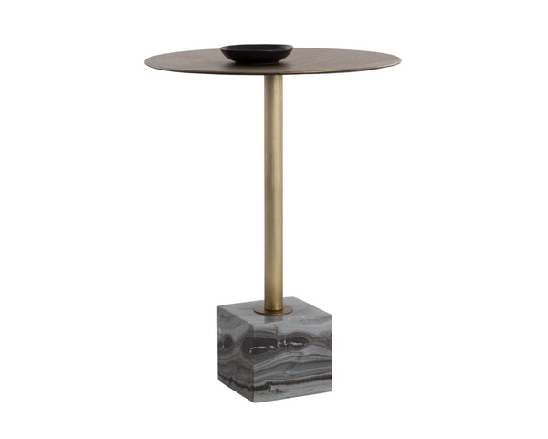 Sunpan Kata Bar Table - Opulent Antique Brass Frame with Unique Mesh Design and Elegant Marble Base Grey Marble