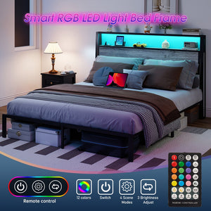 English Elm Queen Metal Platform Bed with Rgb Led Headboard Shelving and Built-in Charging Ports T3963P447321