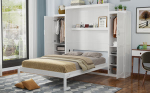 English Elm Full Size Murphy Bed with Dual Wardrobes Pine Mdf Frame for Guest or Bedroom N733S339778K