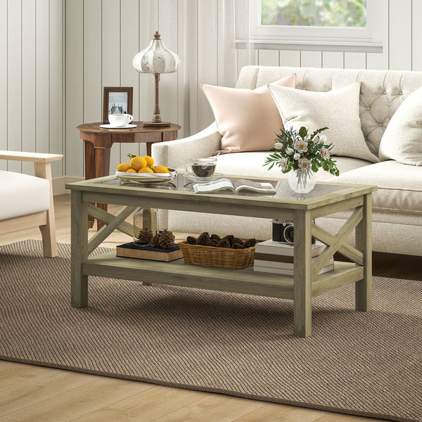 English Elm HOMCOM Modern Farmhouse Glass Coffee Table with Tempered Top, Lower Storage Shelf & X-Frame Design Gray W2225P229135