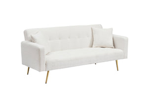 English Elm 71.7 Cozy Teddy Fleece Sofa Bed with 2 Plush Throw Pillows, 3-Seater Convertible Sleeper, 500lb Capacity Beige W3356P298490