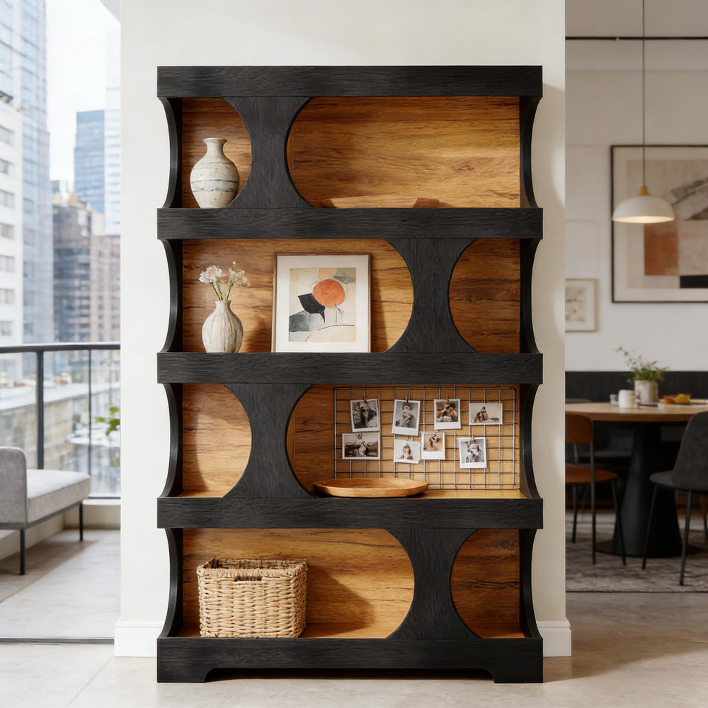 English Elm Practical S-shaped Bookcase Four Tier Mdf Shelving Unit for Living Room or Office T3971P452651