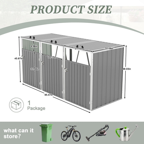 English Elm Garbage Bin Shed Galvanized Steel Enclosure Fits Three Cans with Lockable Waterproof Lid Light Gray W1598P357717