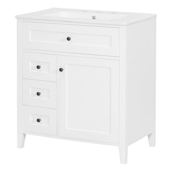 English Elm 30-Inch Contemporary Bathroom Vanity with Sink, MDF & Rubberwood, Glossy Finish, 3 Drawers + Cabinet White N725P350819K