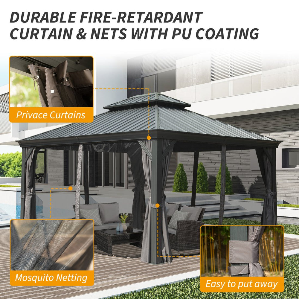 English Elm 10' X 14' Hardtop Gazebo - Durable Aluminum Frame With Steel Roof, Curtains & Netting For Year-Round Use W1859S00161