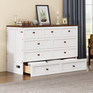English Elm Solid Pine Murphy Bed Chest with Built-In Charging Station, Large Storage Drawer, Space-Saving Design White+Walnut 59.06 L x 24.8 W x 5.31 H BS701P176340K
