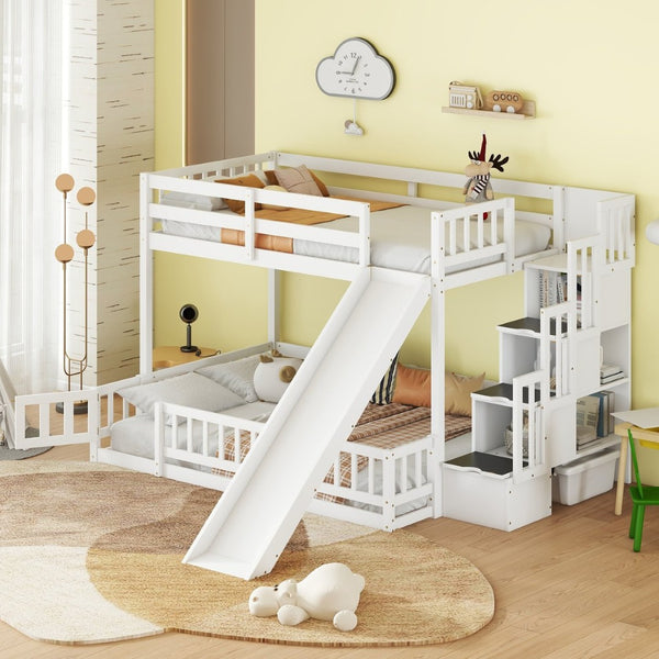 English Elm Twin Over Full Bunk Bed With Slide & Storage Staircase - Stylish Pine Bed With Safety Guardrails, White W504S00185-GIGA