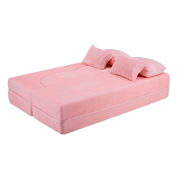 English Elm Queen Foldable Sofa Bed with Plush Chenille Cover, High-Density Foam Convertible Futon for Living Room Guest Room Bedroom Pink W1829P348205