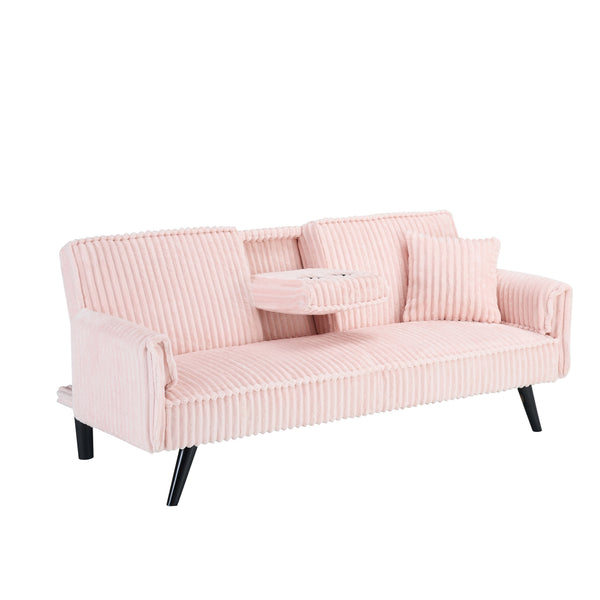 English Elm Minimalist Corduroy Reclining Sofa with Convertible Flat Sleeper and Cup Holder Pink W3356P421779