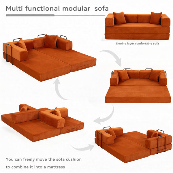 English Elm Full Foam Modular Sofa Bed Corduroy Upholstered Convertible Lounger for Studio Apartments Orange W3326P450802