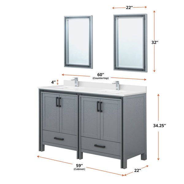 English Elm Dark Grey Double Bath Vanity 60" W x 22" D with Cultured Marble Top, Chrome Faucet & 22" Mirrors Durable B2731S01139
