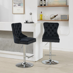 English Elm Thick Velvet Swivel Barstools Adjustable 25-33" Height with 17.7" Chrome Base, Tufted Diamond Pleat Elegance Black W1143P335042
