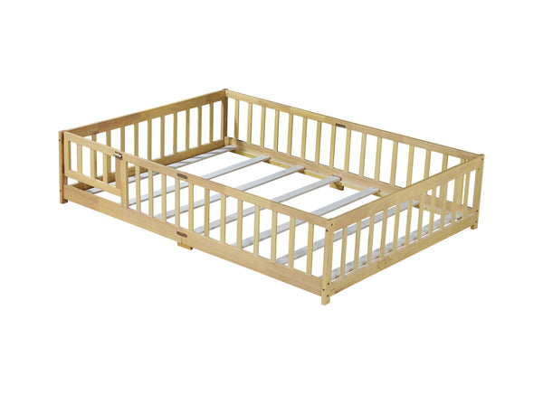 English Elm Full Size Floor Bed With Safety Guardrails, Eco-Friendly Rubber Wood, Minimalist Design & Easy Access W504P286380